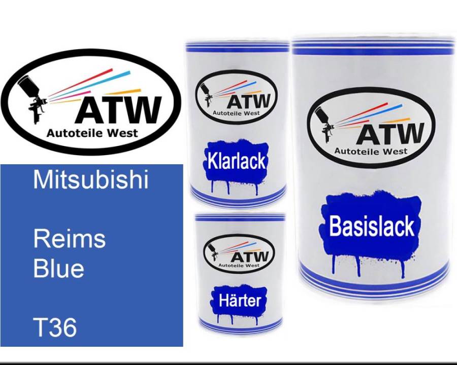 Mitsubishi, Reims Blue, T36: 500ml Lackdose + 500ml Klarlack + 250ml Härter - Set, von ATW Autoteile West.